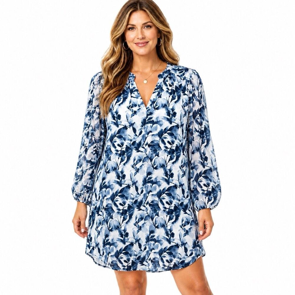 Cloth & Stone Dress Womens XL Blue Floral Long Sleeve Rayon Shift Short Lined